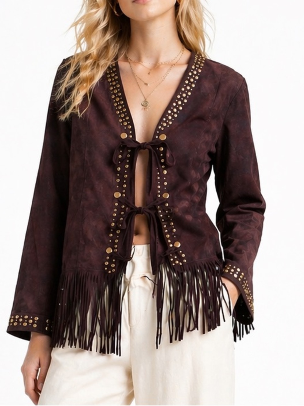 Outerwear by Lisa Boho Brown Studded Fringe Tie Front Suede Jacket Size Small